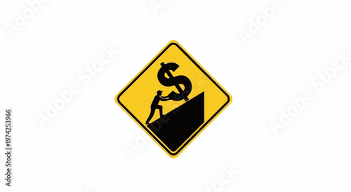 Person pushes dollar sign up steep hill on a caution sign