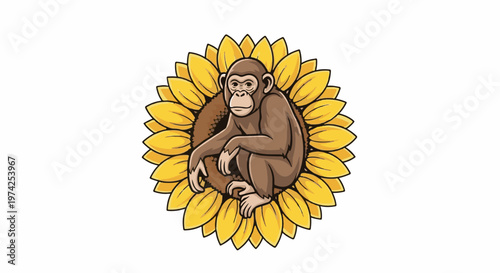 A cartoon monkey sits nestled within the bright yellow petals of a sunflower