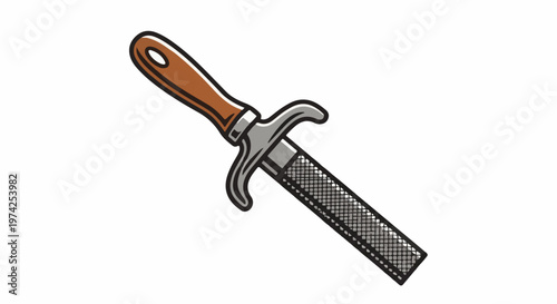 Stylized illustration of a rasp, a metal tool with a rough surface for shaping and smoothing