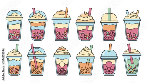 Large collection of twelve varied boba tea drinks in clear plastic cups with colorful layers, toppings, and straws.