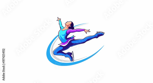 Dynamic figure skater captured mid-jump, adorned in vibrant blue and purple attire