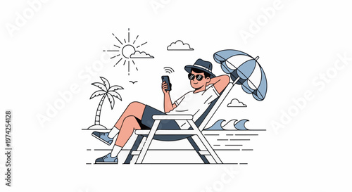 A person relaxes on a beach chair, enjoying the sun and checking their phone
