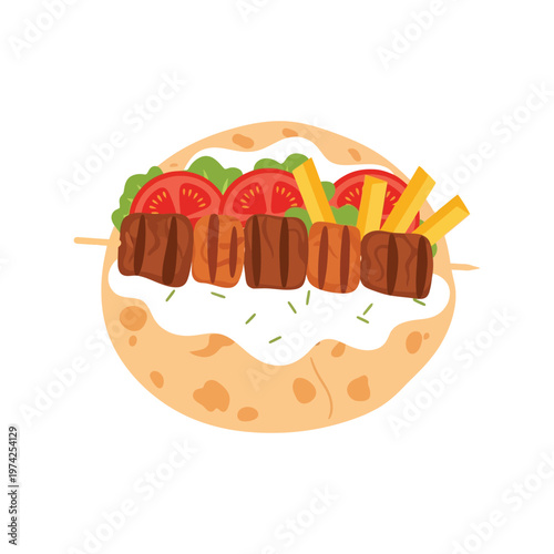 Greek souvlaki pita sandwich with vegetables and fries isolated vector illustration
