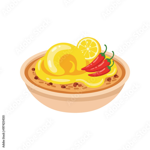 Hummus Bowl with Lemon and Chili Peppers Vector Illustration for Food Design