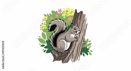 A cartoon squirrel perched on a tree trunk with a backdrop of green leaves and colorful flowers