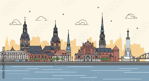 A stylized cityscape featuring diverse architectural styles along a waterfront under a pale sky