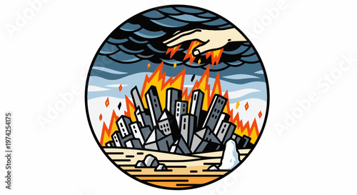 A hand rains fire upon a burning city