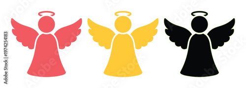 Minimalist angel icons with wings and halos, set of 3 vector silhouettes in red, yellow, and black, heavenly spiritual character symbols for holiday design