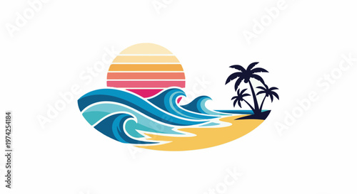 Stylized beach scene with crashing waves, palm trees, and a colorful sunset