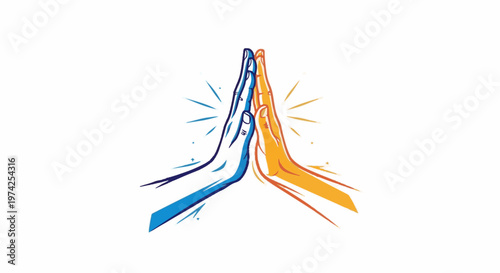Two hands, one blue and one orange, in a high-five gesture with radiating lines