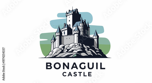 Majestic fortress stands tall on rocky terrain, with conical towers and crenellated walls, against a serene backdrop