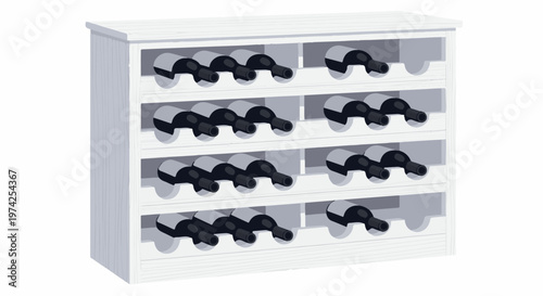 A white wooden rack with multiple shelves, holding many dark-colored bottles of liquid, organized neatly