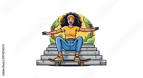 Cheerful young woman balances on a skateboard descending stone stairs in a park