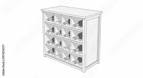 A wooden rack with twelve compartments, each holding a wine bottle, on a white background
