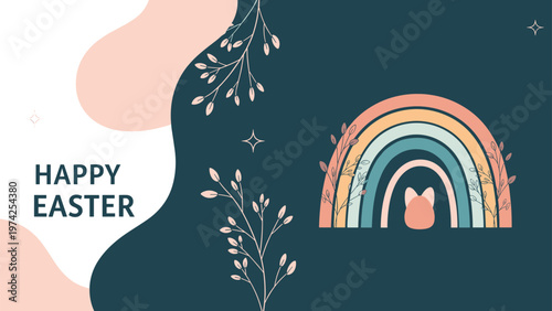 Stylish Happy Easter banner featuring a colorful rainbow with bunny ears hidden behind and delicate floral branches.