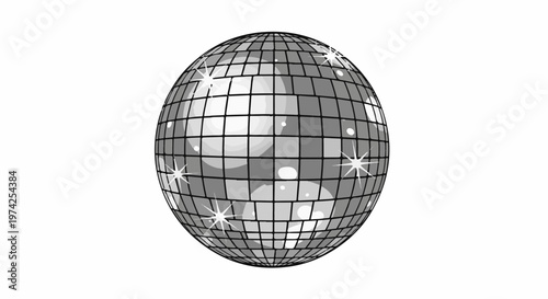 A grayscale disco ball with starbursts and reflections against a white background
