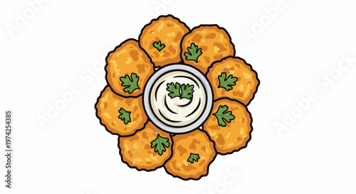 Crispy golden nuggets arranged in a circle around a creamy dip with parsley garnish