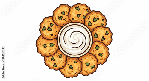 Crispy fried bites arranged in a circle around a creamy dipping sauce