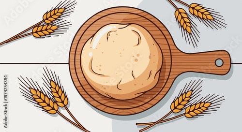 A raw ball of dough sits on a wooden cutting board, surrounded by wheat stalks