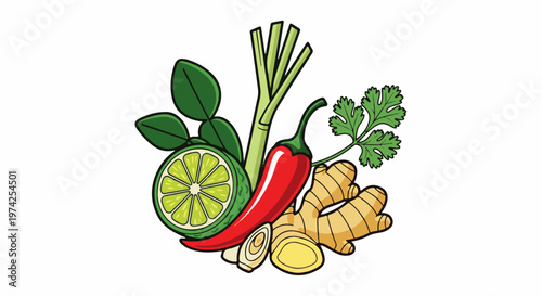 A vibrant collection of aromatic Asian cooking ingredients lime, chili, ginger, lemongrass, and cilantro