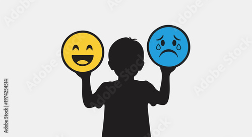 Silhouette of a child holding a happy yellow face and a sad blue face