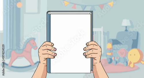 Hands hold blank book in nursery with toys, rocking horse, crib, and chair