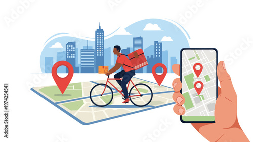 Delivery cyclist riding through a city displayed alongside a smartphone with location pins on a digital map interface.