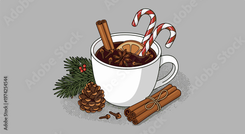 A festive mug of hot spiced drink with candy canes, citrus, cinnamon, and fir sprigs