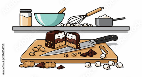 A chocolate dessert is cut on a board with ingredients