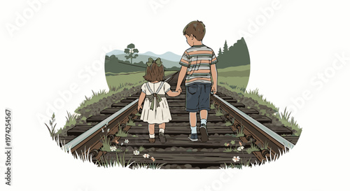 Two children, a boy and a girl, hold hands walking away on train tracks