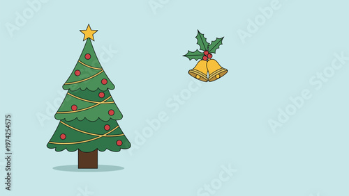 Traditional Christmas tree decorated with a golden star and red ornaments paired with festive jingle bells and holly.