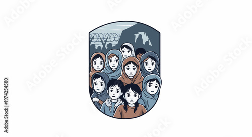 Diverse group of worried children in headscarves and hoodies huddle together