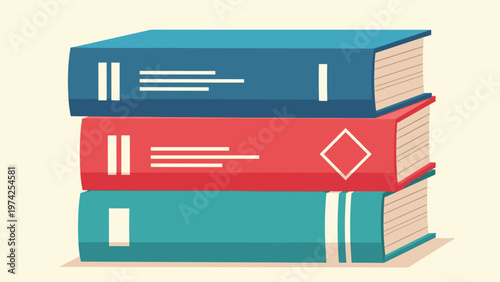 Neat stack of three hardcover books in blue red and teal colors symbolizing education knowledge and literature.