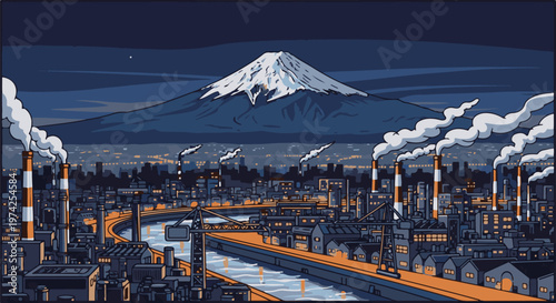 Industrial city under a snow-capped mountain at night, with smoke stacks and a river