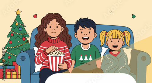Three happy children sit on a blue couch watching television, with a decorated Christmas tree and gifts nearby