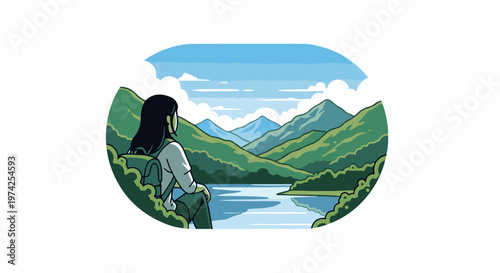 A person with a backpack gazes at a serene mountain lake and valley