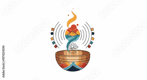 Stylized illustration of a singing bowl with spiritual and natural elements