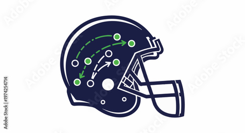 Football helmet with strategy plays marked by dots and arrows