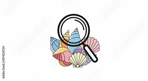 Magnifying glass over colorful seashells on a white background, inviting exploration