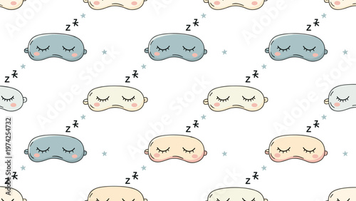 Dreamy seamless pattern featuring adorable sleeping masks in pastel colors with Zzz symbols and twinkling stars.