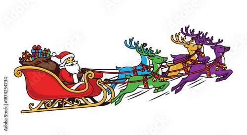 Santa Claus in his sleigh pulled by colorful reindeer, laden with gifts, flying through the sky