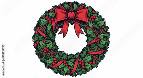 A festive circular evergreen wreath adorned with red berries, pine cones, and a large red bow