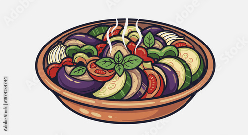 A colorful, pixelated illustration of a steaming dish of ratatouille served in a rustic bowl