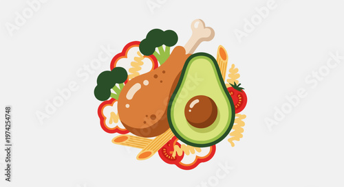 A colorful, flat illustration of a meal featuring fried chicken, avocado, and pasta