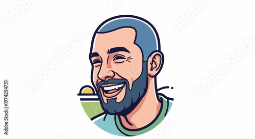 Cartoon portrait of a bald man with a blue beard, smiling widely, with a green field and a setting sun