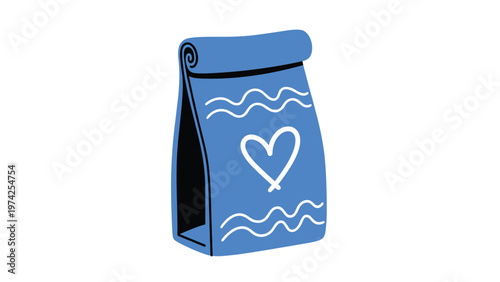 Simple blue paper lunch bag featuring a white heart design and wavy lines for a thoughtful homemade meal presentation.