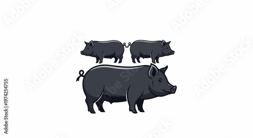 A trio of stylized dark gray pigs, one large facing right, two smaller behind and to the left