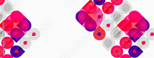Abstract geometric pattern. Circles, squares overlap creating vibrant pink, purple hues on white background. Modern design element.