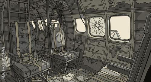 Dilapidated aircraft interior with broken window, worn seats, and debris