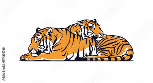 Two tigers rest peacefully, their striped bodies intertwined in a serene pose